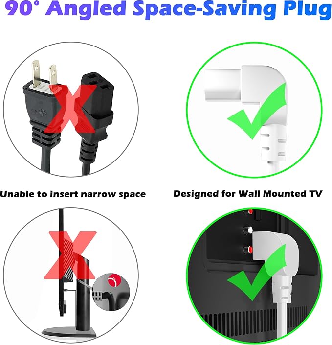 Adoreen 20 Ft Computer TV Replacement Power Cord White, 90 Degree Angled - Image 2