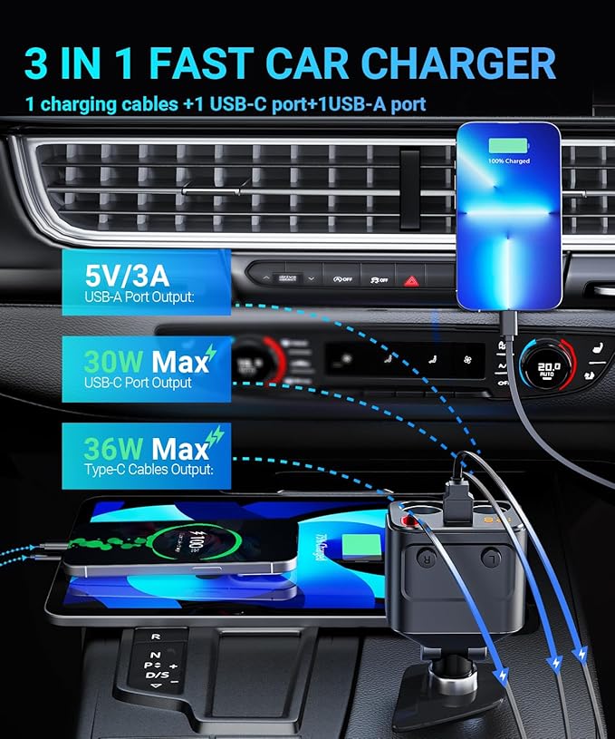 180W Retractable Car Charger Cigarette Lighter Splitter, 5 in 1 USB Fast Car - Image 5
