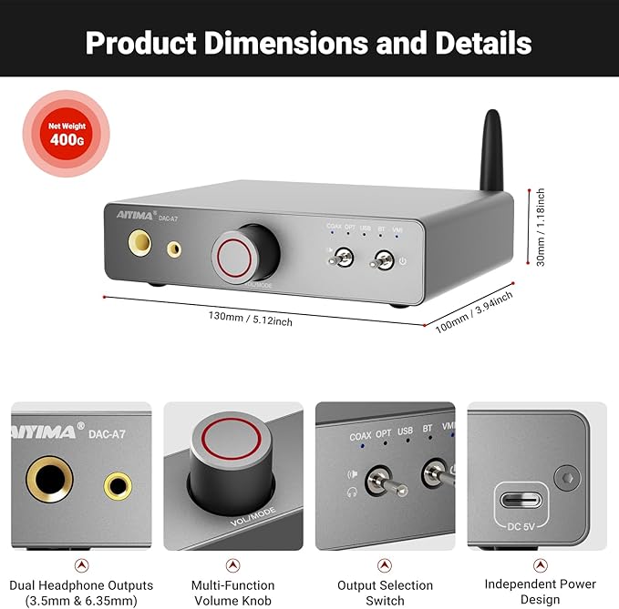 AIYIMA DAC A7 Mini Desktop Bluetooth DAC, USB C Digital to Analog Audio - Image 3