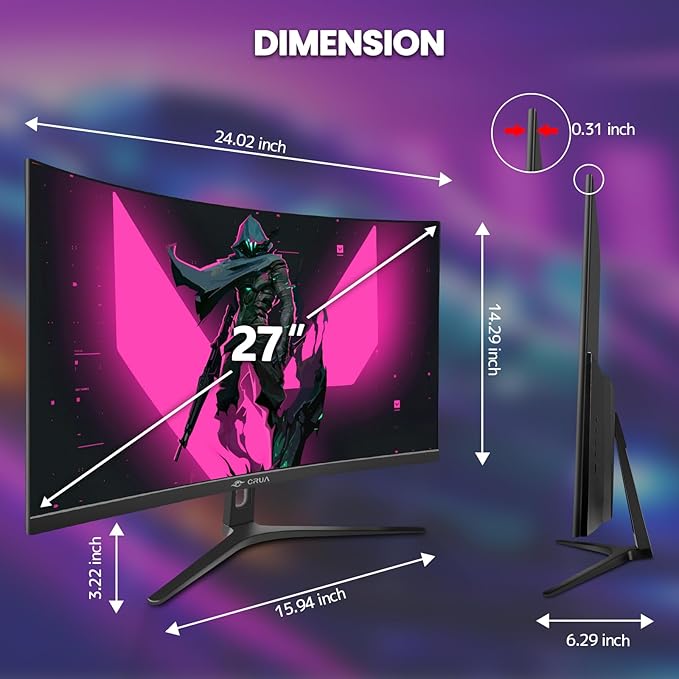 CRUA 27" Curved Gaming Monitor, 280Hz FHD, 1800R VA Panel, 120% sRGB, Support - Image 6