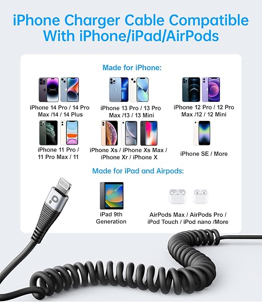 Coiled iPhone Charger Cable for Car, Lightning Cable 2 Pack 5ft, Short iPhone - Image 6