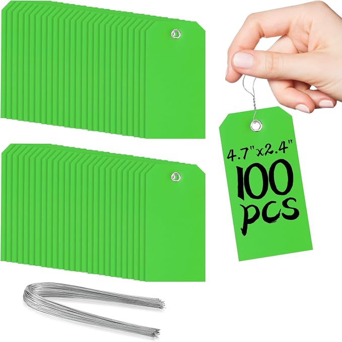 100 Pcs Green Tags with Wires Waterproof Writable Hang Tags with String by XUWAIDSGN