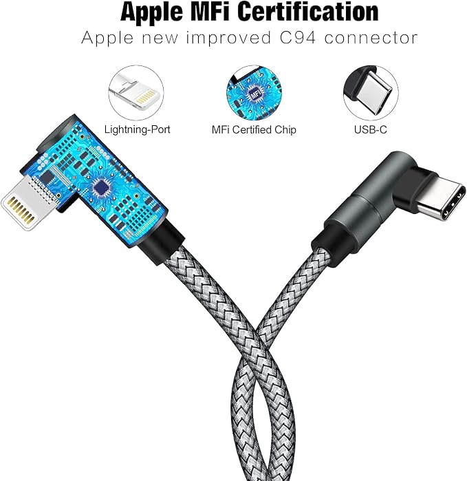 USB C to Lightning Cable 10FT MFi Certified 90 Degree iPhone Fast Charger Nylon - Image 6