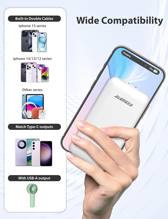 Alongza Portable Charger Built-in Cables and AC Wall Plug, Slim Fast Charging - Image 2