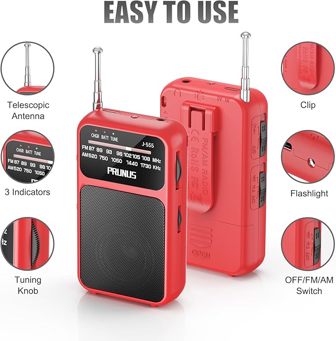 PRUNUS J-555 Pocket Radio AM FM USB-C Charging& Battery Operated, Excellent - Image 4