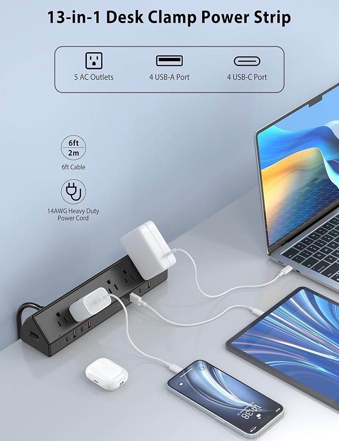 Desk Clamp Power Strip 65W Fast Charging Station, 4 PD USB-C, 5 Outlets - Image 4