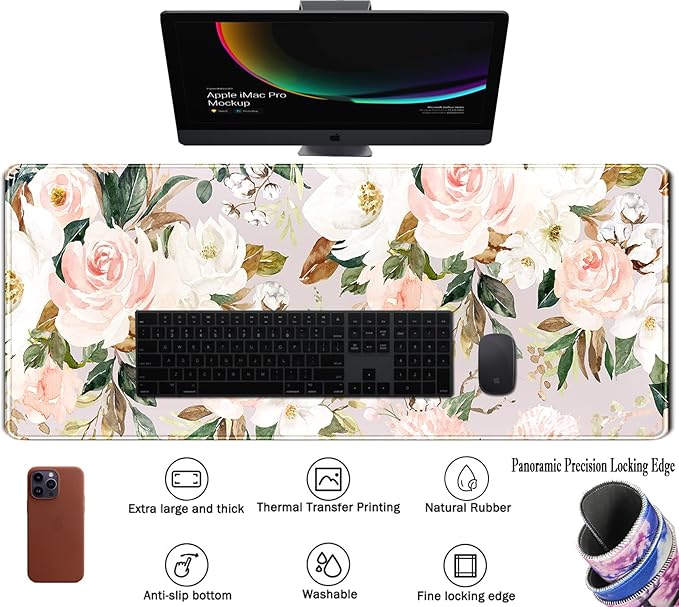 Pink Flowers Keyboard Pad PC Gaming Desk Mat Desk Mouse Pads Green Leaves - Image 3