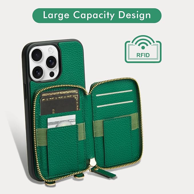 LAMEEKU for iPhone 15 Pro Max Wallet Case, Zipper Leather Card Slots Crossbody - Image 2