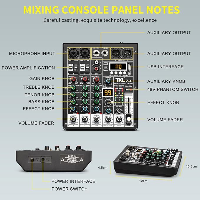 4 Channel Podcast Audio Mixer, Compact Mixing Console - Image 7
