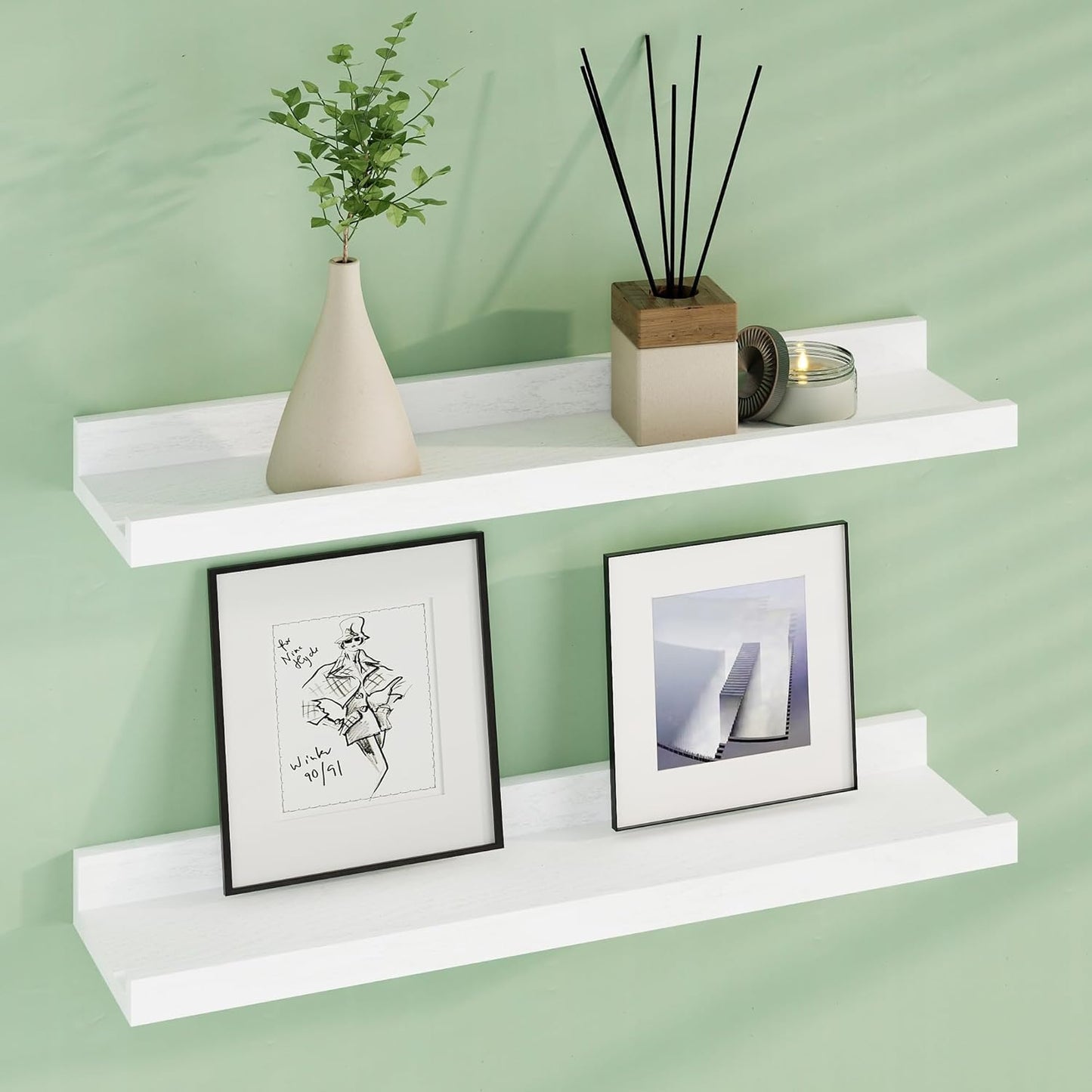 Floating Picture Ledge Shelves 24 Inch Solid Oak Wood Set of 2, Rustic Wall Storage Shelves with Lip, Kids Bookshelf, Photo & Picture Ledge Shelves for Bedroom, Living Room, Kitchen