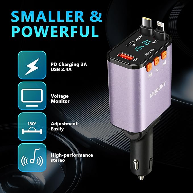 Retractable Car Charger, 5 in 1 Fast Cars Phone Charger 60w, Handsfree Call - Image 7