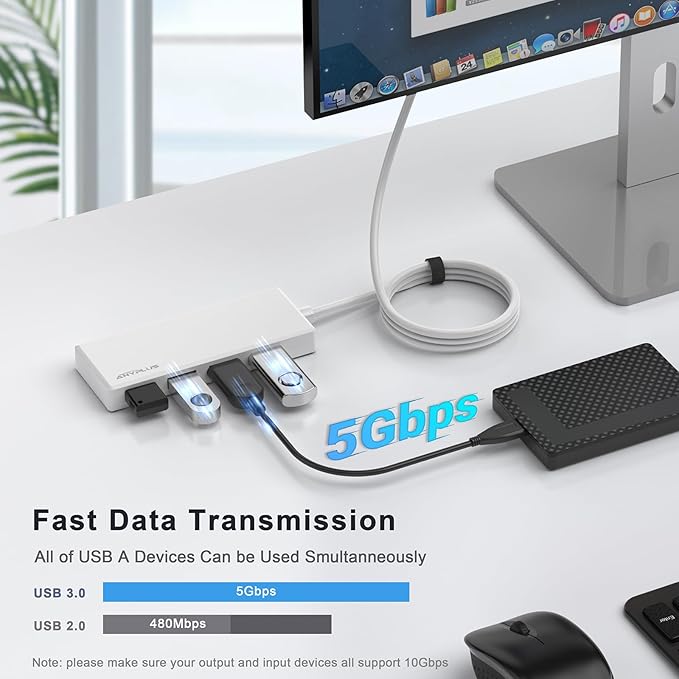 USB Hub, 2 ft Long Cable USB 3.0 Hub, USB Extender - Image 3