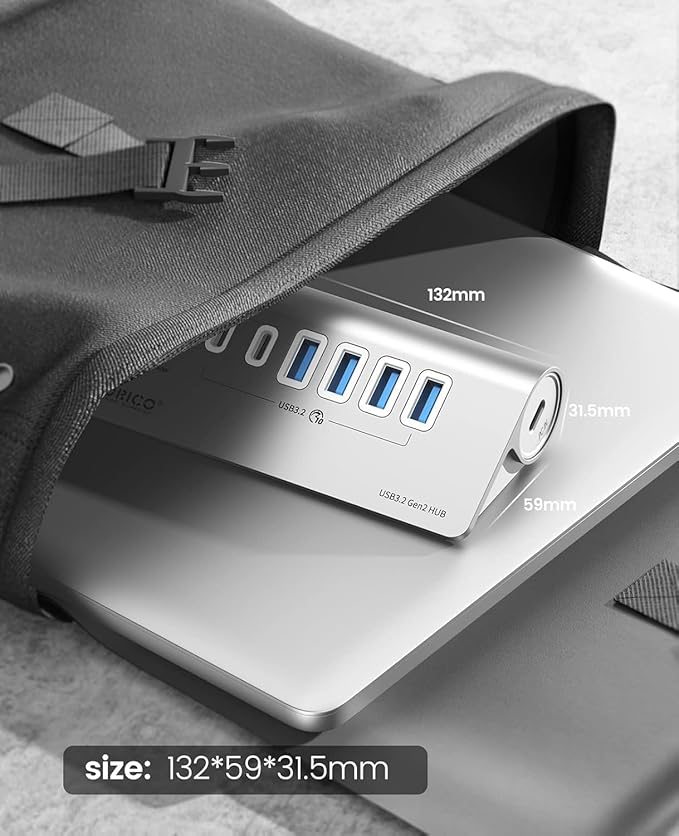 ORICO 7 Port USB Hub 10Gbps, Aluminum USB 3.2 Gen 2 Hub, 6 USB 3.2 Data Ports - Image 4