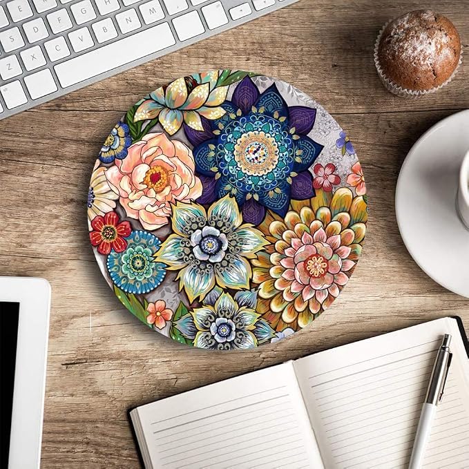 Round Mouse Pad, Boho Floral Mouse Pad, Washable Round Mousepad - Image 5