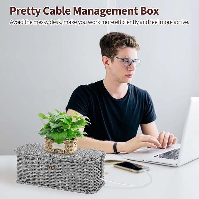 Cable Management Box, Woven Rattan Cord Hider - Image 3