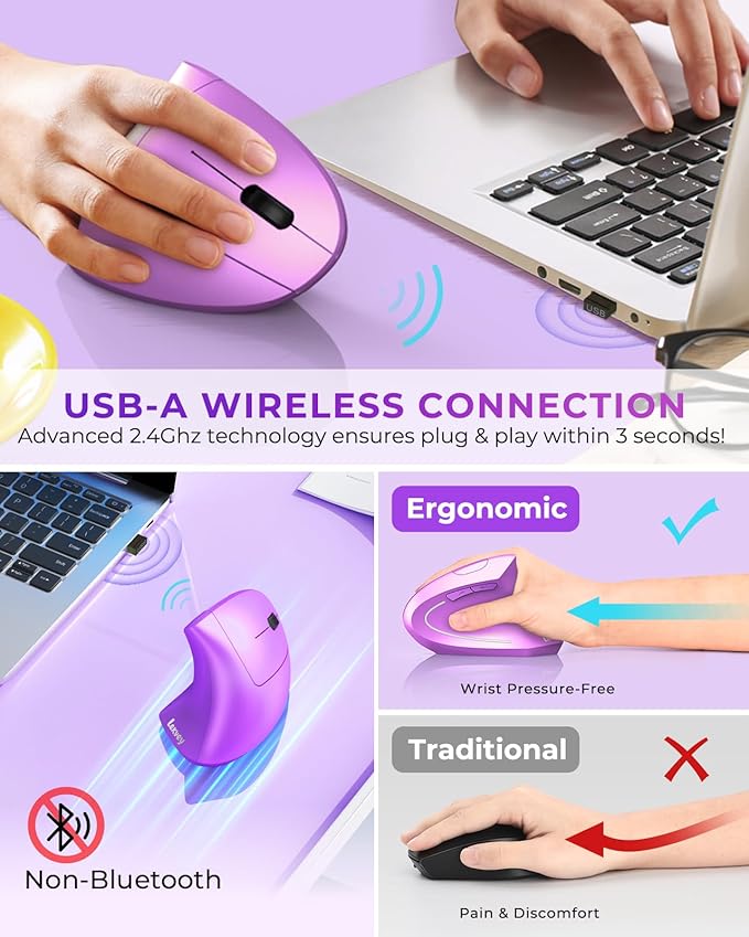 Lekvey Ergonomic Mouse, Wireless Vertical Mouse Rechargeable 2.4 GHz Optical - Image 3