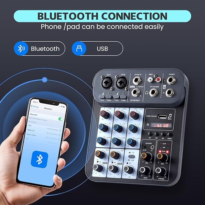 4 Channel DJ Audio Mixer, DJ Mixers Sound Board, Sound Mixer Board XLR 1/4" - Image 6