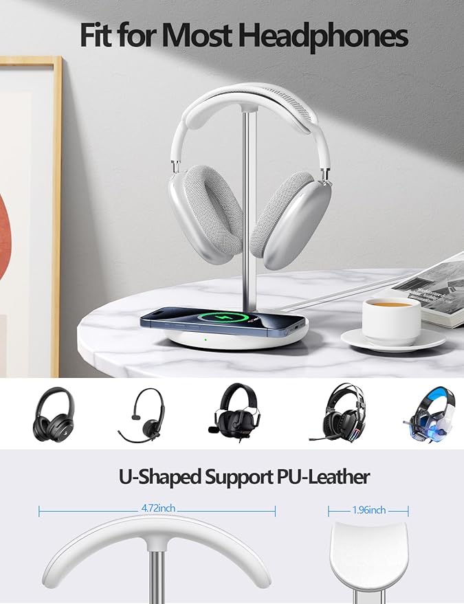 Miroddi Headphone Stand with Wireless Charger, Independent USB Charging Port - Image 2