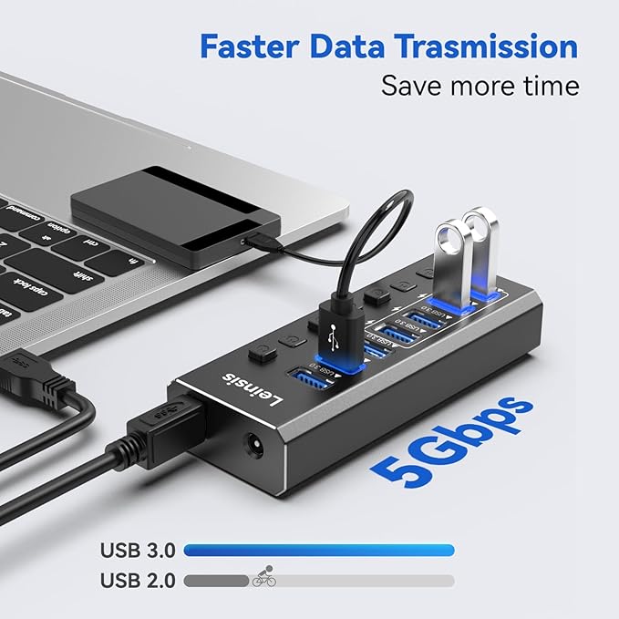 Powered USB Hub 3.0, Leinsis 7-Port USB 3.0 Hub 7 Data Transfer Ports+ 4 Smart - Image 4