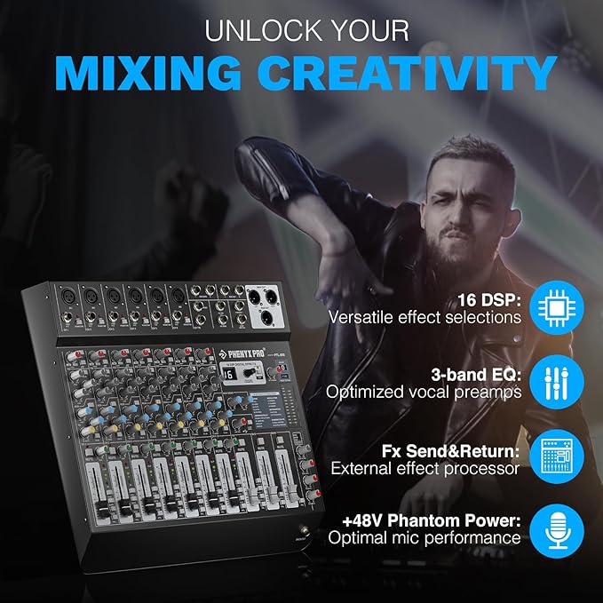 Professional 8-Channel Audio Mixer, Phenyx Pro DJ Sound Mixer Board w/Flexible - Image 4