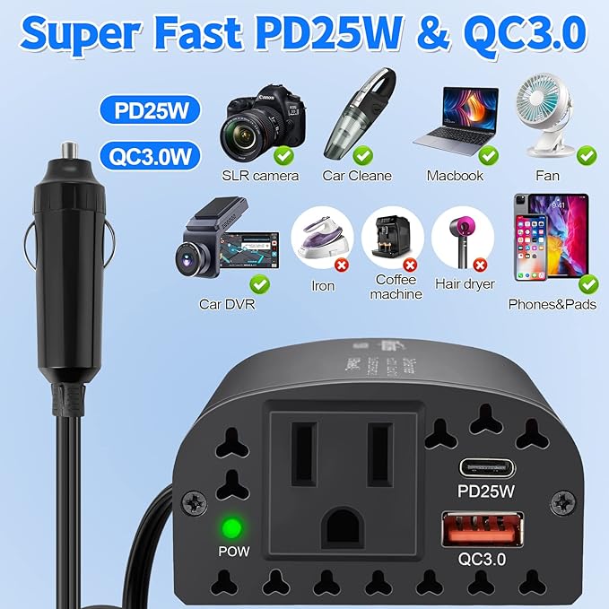 150W Car Power Inverter DC 12V to 110V AC Car Outlet Adapter - Image 2
