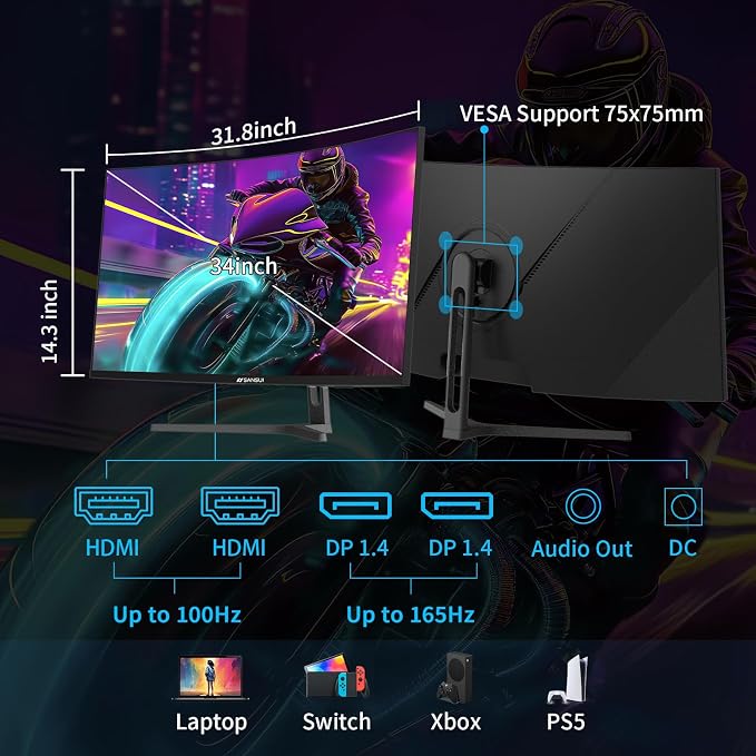 SANSUI 34-Inch Curved Gaming Monitor UWQHD 3440 x 1440 165Hz Curved 1500R - Image 3