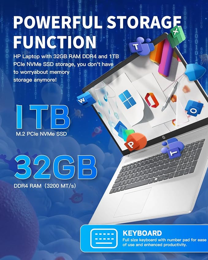 HP 17 Laptop, 17.3" HD+ Anti-Glare Display, Intel 8-Core i3, 32GB RAM, 1TB SSD - Image 2