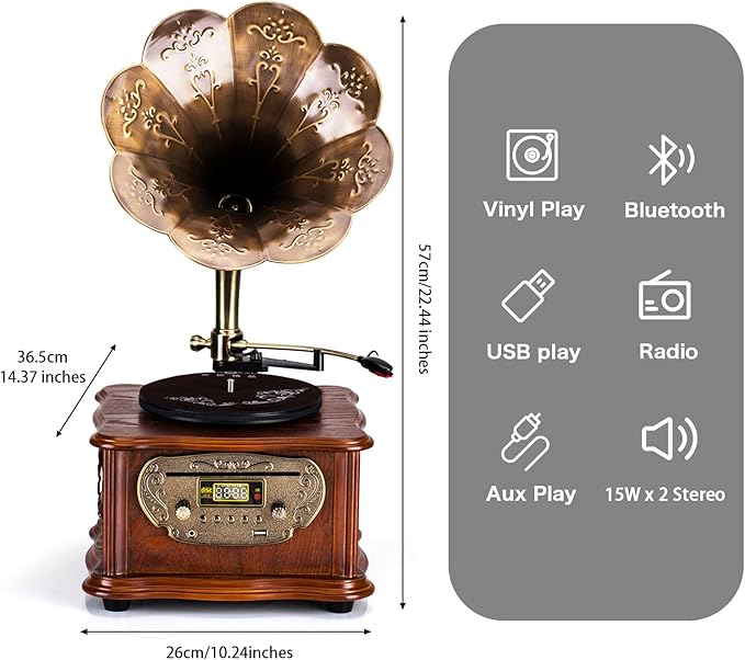 Wooden Phonograph Gramophone Turntable CD Player Stereo System Control 33/45 - Image 2