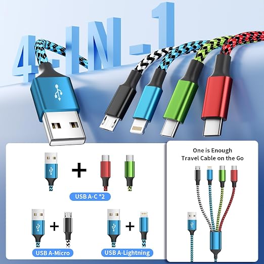 Travel Essentials Dual Type-C 4 in 1 Charging Cable 2 Pack 5FT Multi Charging - Image 2