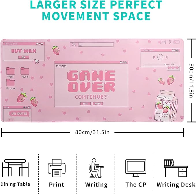 Pink Gaming Mouse Pad 31.5x11.8 Inch Pastel Game Over Large Mousepad Kawaii - Image 2