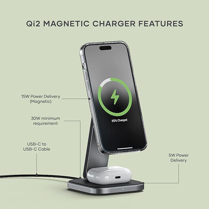 Satechi 2 in 1 Wireless Charger, Qi2 15W Dual Wireless Charger Stand, Foldable - Image 2