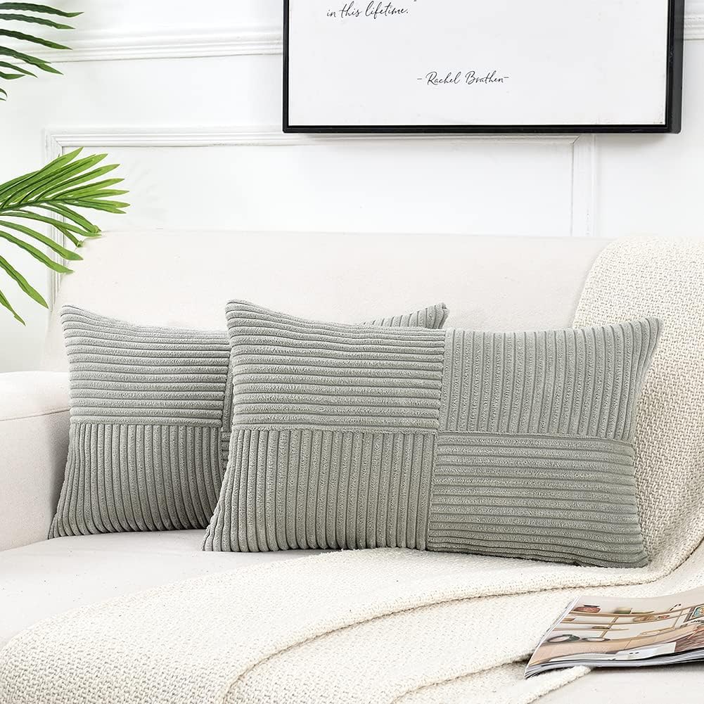 Fancy Homi 2 Packs Grey Long Lumbar Decorative Throw Pillow Covers 12x24 Inch for Couch Bed Sofa, Rustic Farmhouse Boho Home Decor, Soft Striped Corduroy Rectangle Accent Cushion Case 30x60 cm