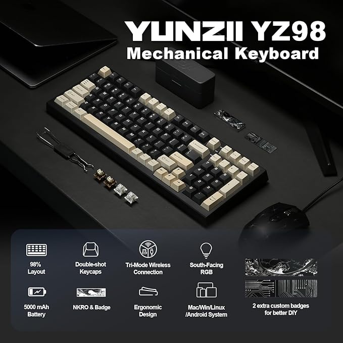 YUNZII YZ98 Gasket Mechanical Keyboard, 99 Key Hot Swappable BT5.0/2.4G/USB-C - Image 2