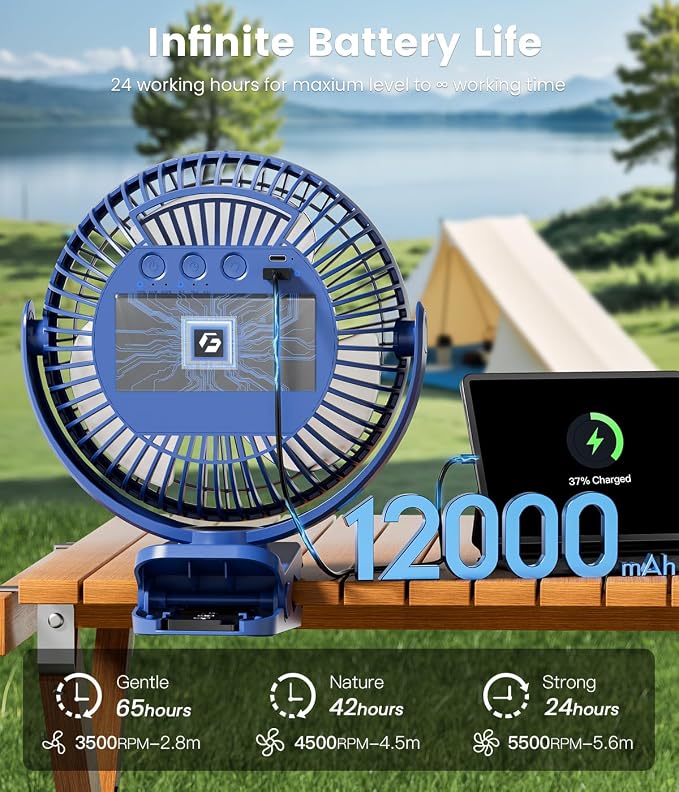 8-inch Clip-on Fan - 12000mAh Portable Rechargeable Battery - Image 2