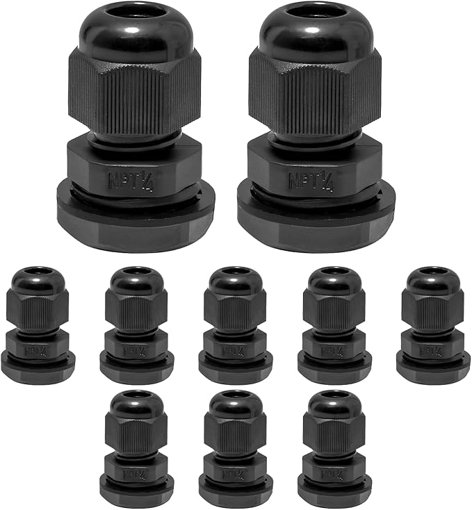 10 Pcs 1/4" NPT Nylon Cable Glands, IP68 Waterproof Adjustable Cord Grip Cable by Bonsicoky
