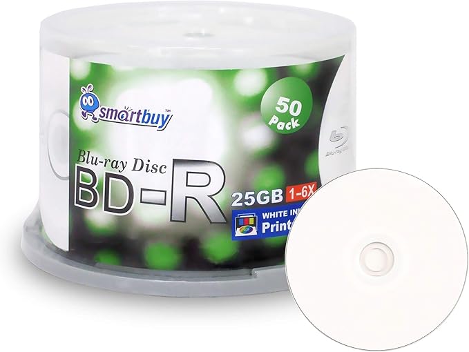 Smartbuy 50-disc 25gb 6X Bd-r BDR Blu-ray Single Layer White Inkjet Hub by Smartbuy