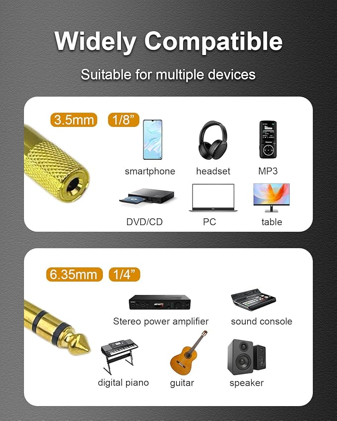 1/4'' to 1/8'' Headphone Audio Adapter, 6.35mm Male to 3.5mm Female Stereo - Image 5