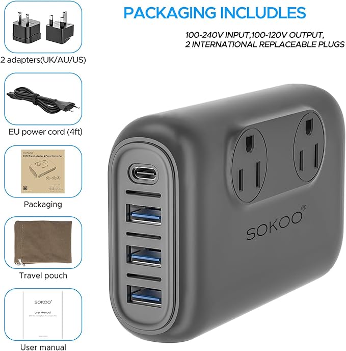 SOKOO 220v to 110v Voltage Converter, International Universal Travel Adapter - Image 6