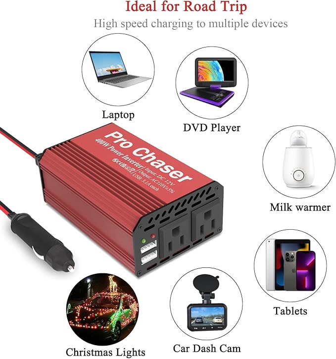 Pro Chaser 400W Car Power Inverter 12V DC to 110V AC Car Truck RV Inverter 6.2A - Image 4