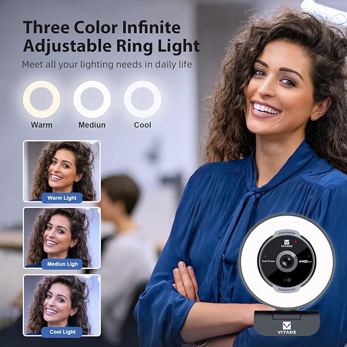 Zoomable Webcam with Remote Control, 1080P 60FPS Streaming with Ring Light and - Image 3