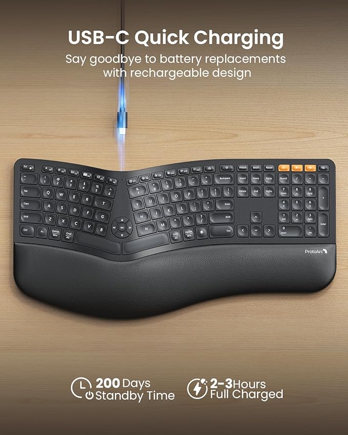 ProtoArc Backlit Bluetooth Ergonomic Keyboard, EK01 Plus Full Size Wireless - Image 5