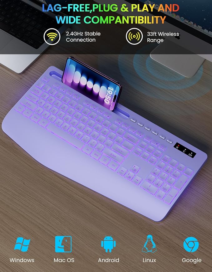 Wireless Keyboard with 7 Colored Backlits, Wrist Rest, Phone Holder, - Image 5