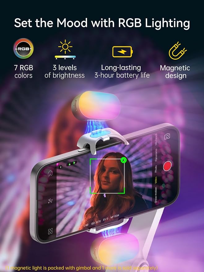 Gimbal Stabilizer for iPhone w/RGB Magnetic Fill Light, Foldable Gimbal w/7.8' - Image 2