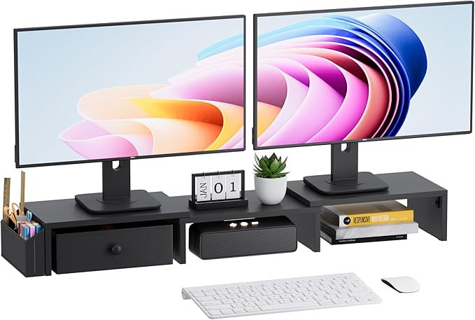 Dual Monitor Stand Riser, Adjustable Length & Swivel Angle Monitor Stand by Unknown