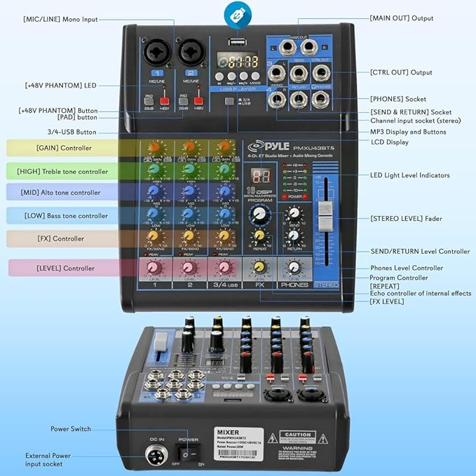 Pyle Professional Audio Mixer Sound Board Console System Interface 4 Channel - Image 2