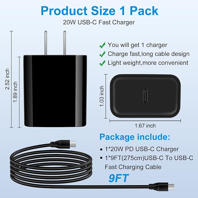Samsung S25 A16 5G Fast Charger Type C, 20W USB C Charger Block & 9FT Long USB - Image 2