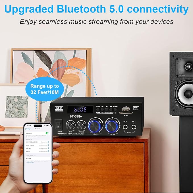 Romica Stereo Audio Amplifier, 2 Channel 450W x2 Bluetooth 5.0 Home Theater - Image 4