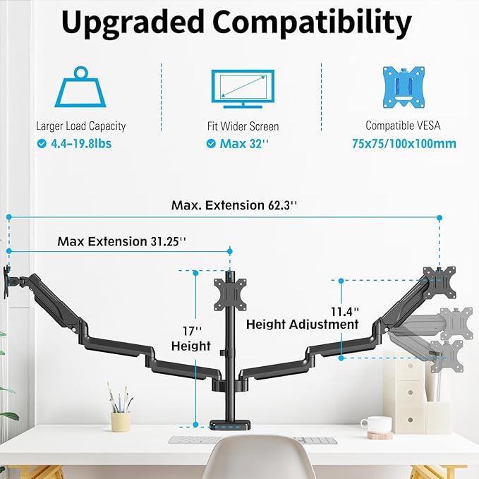 MOUNTUP Triple Monitor Mount for 17-32 inch Screens, Full Motion Triple Monitor - Image 3