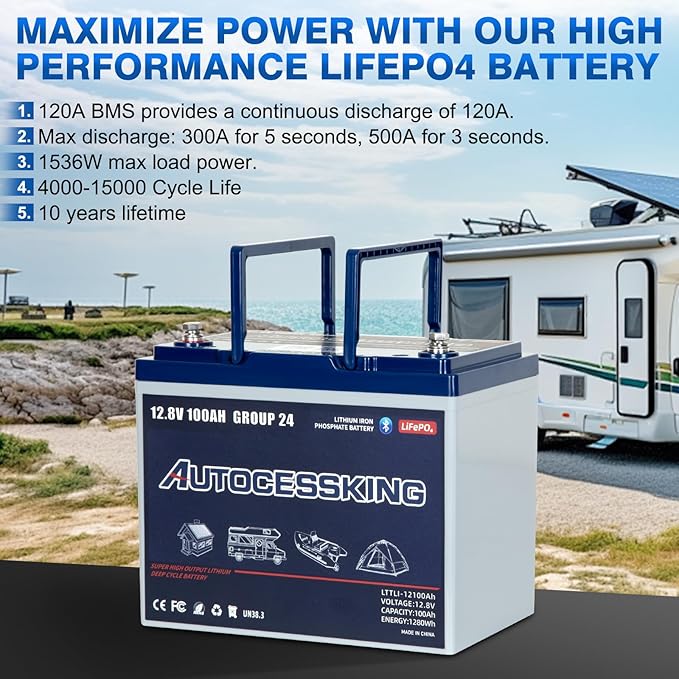 12V 100Ah BCI Group 24 Bluetooth LiFePO4 Battery, 120A BMS Rechargeable Mini - Image 4