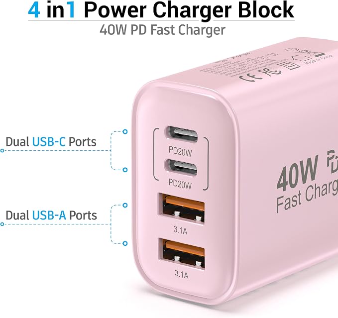 USB C Block 40W, 4 Ports Wall Plug Fast Charging Block, PD+QC Multiport Power - Image 5